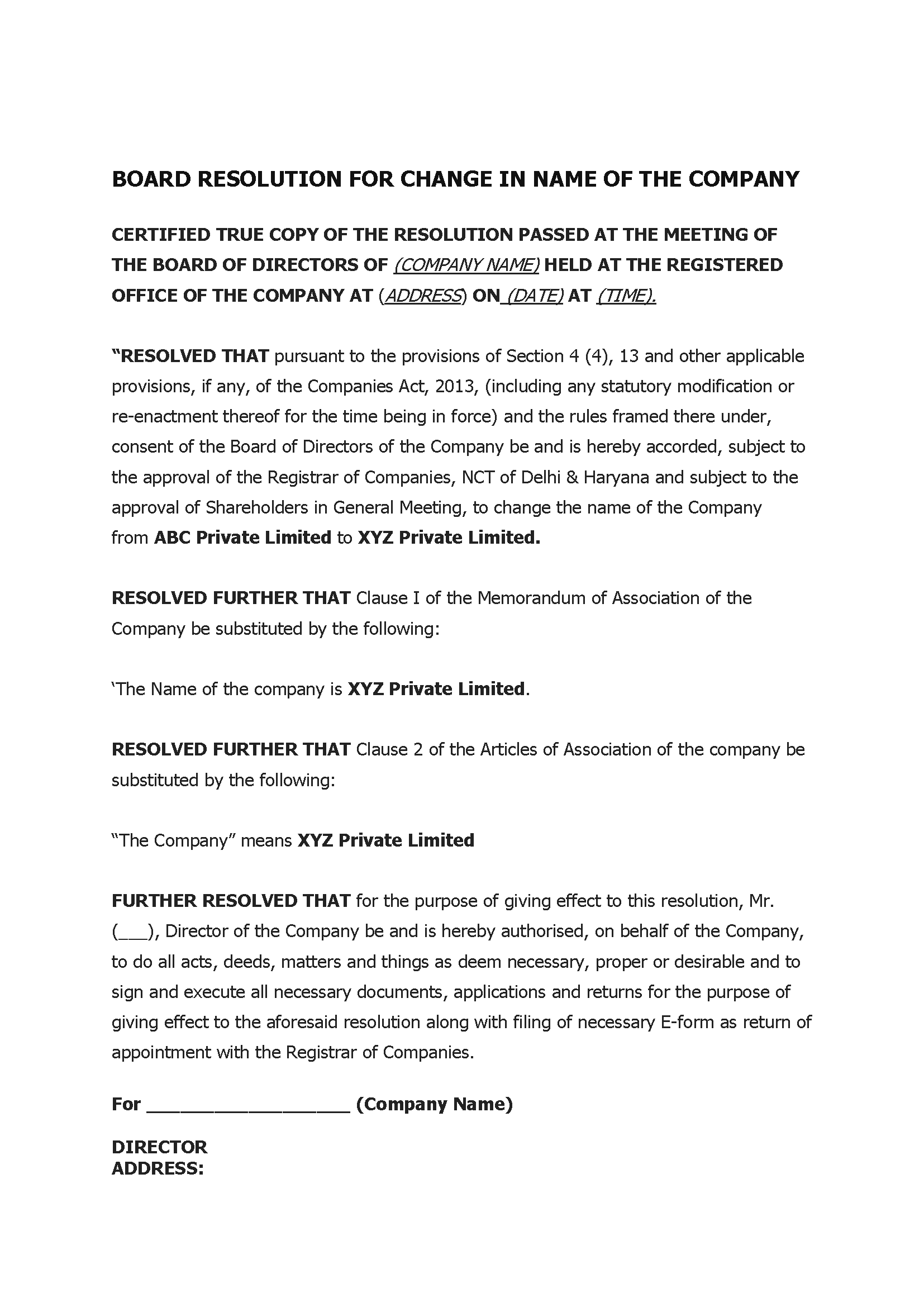 Board Resolution For Change In Name Of The Company